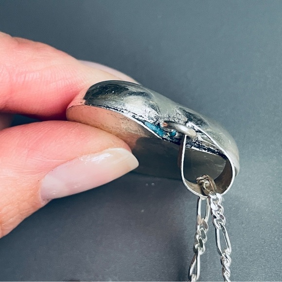 Mexico Turquoise Inlay Puffy Heart Sterling Silver Pendant Necklace - Picture 8 of 8